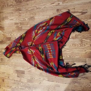 (OS) Fringe Trim Hooded Poncho Assymetrical Hem Bohemian Patterned Cozy Soft